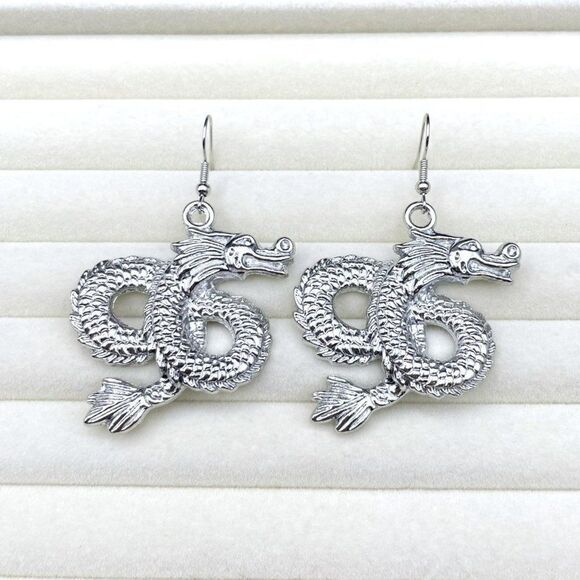 Silver Intricate Asian Inspired Mythical Dragon Dangling Drop Hook Earrings - Picture 3 of 9
